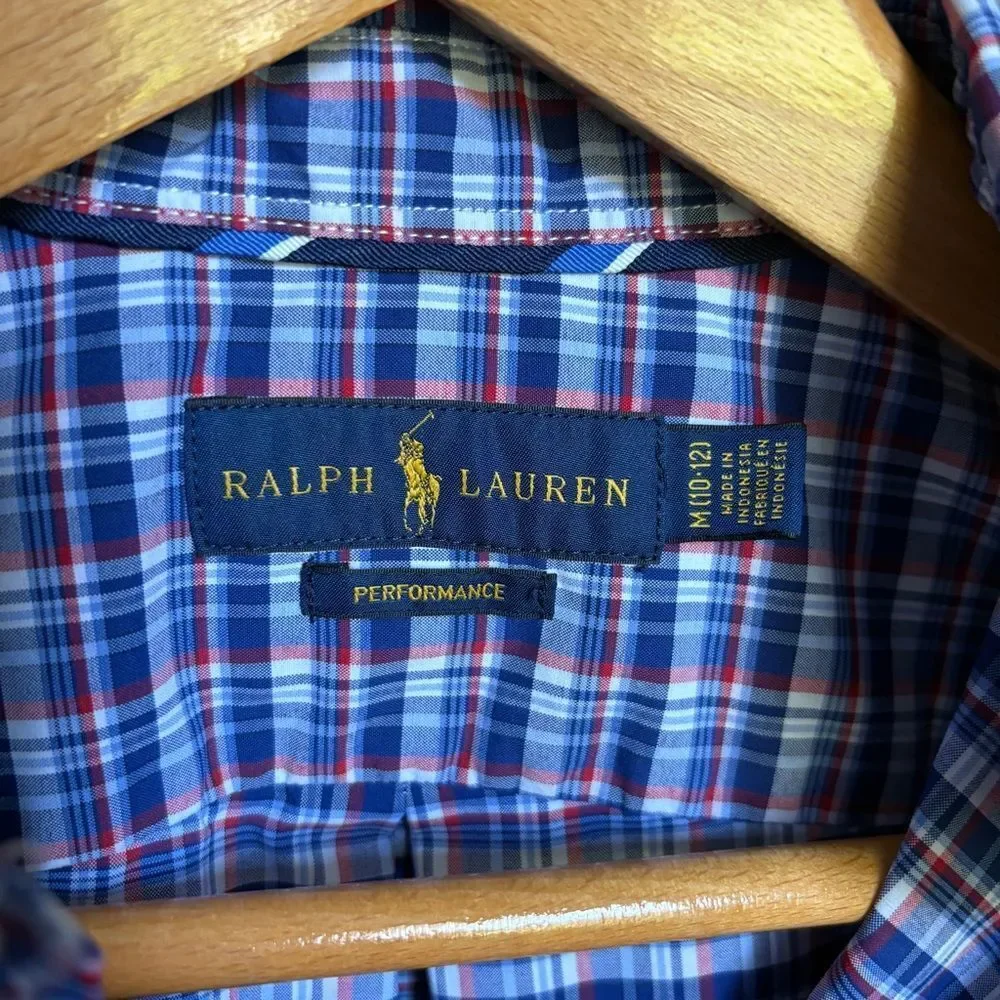 Ralph Lauren Boys M 10-12 Red White Blue Plaid Button Down Shirt Patriotic Top
